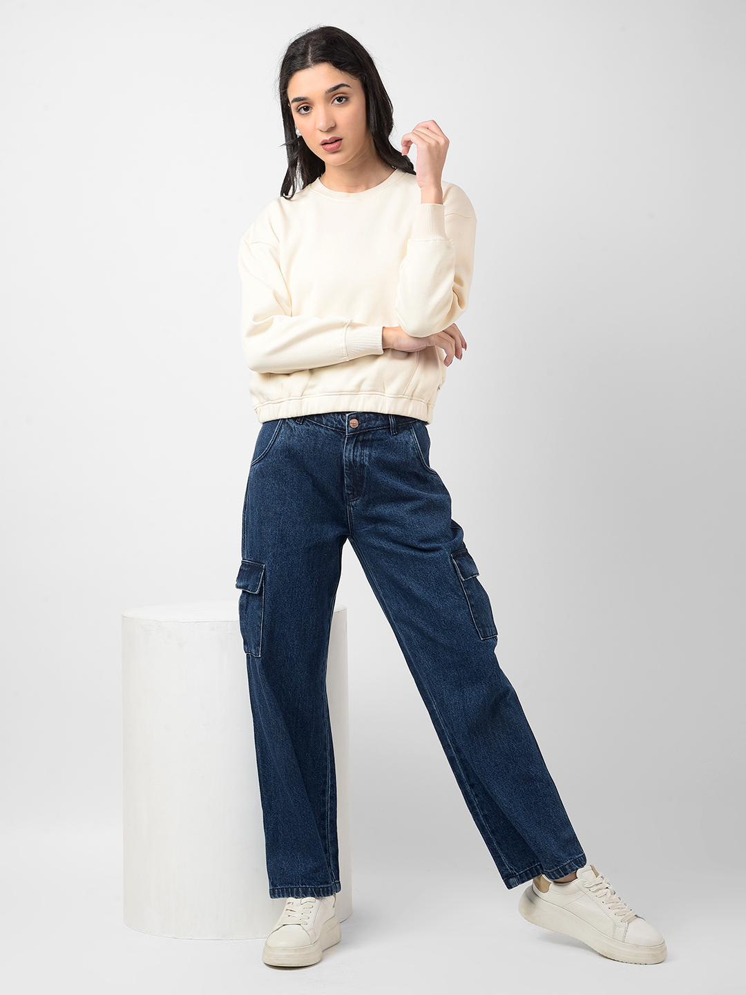 Numero Uno Women Solid Cream Sweat Shirt
